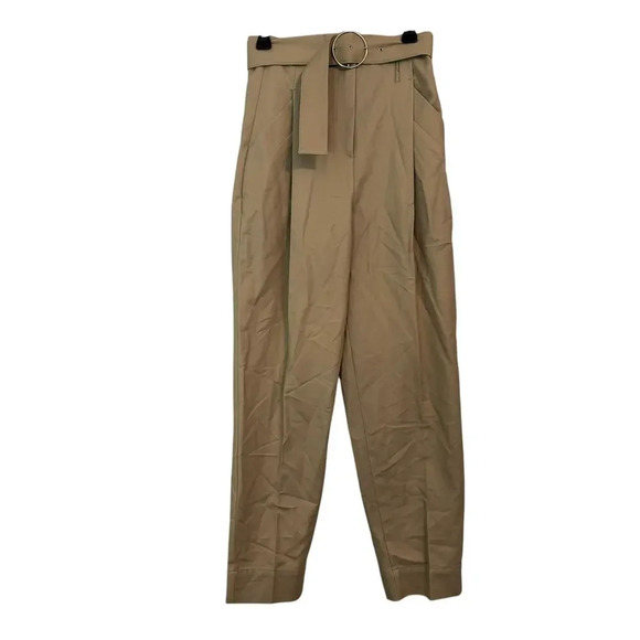 Zara Women Pleated Bleted Pants Size M Beige Cotton Mid Rise Straight Legs - Picture 1 of 10